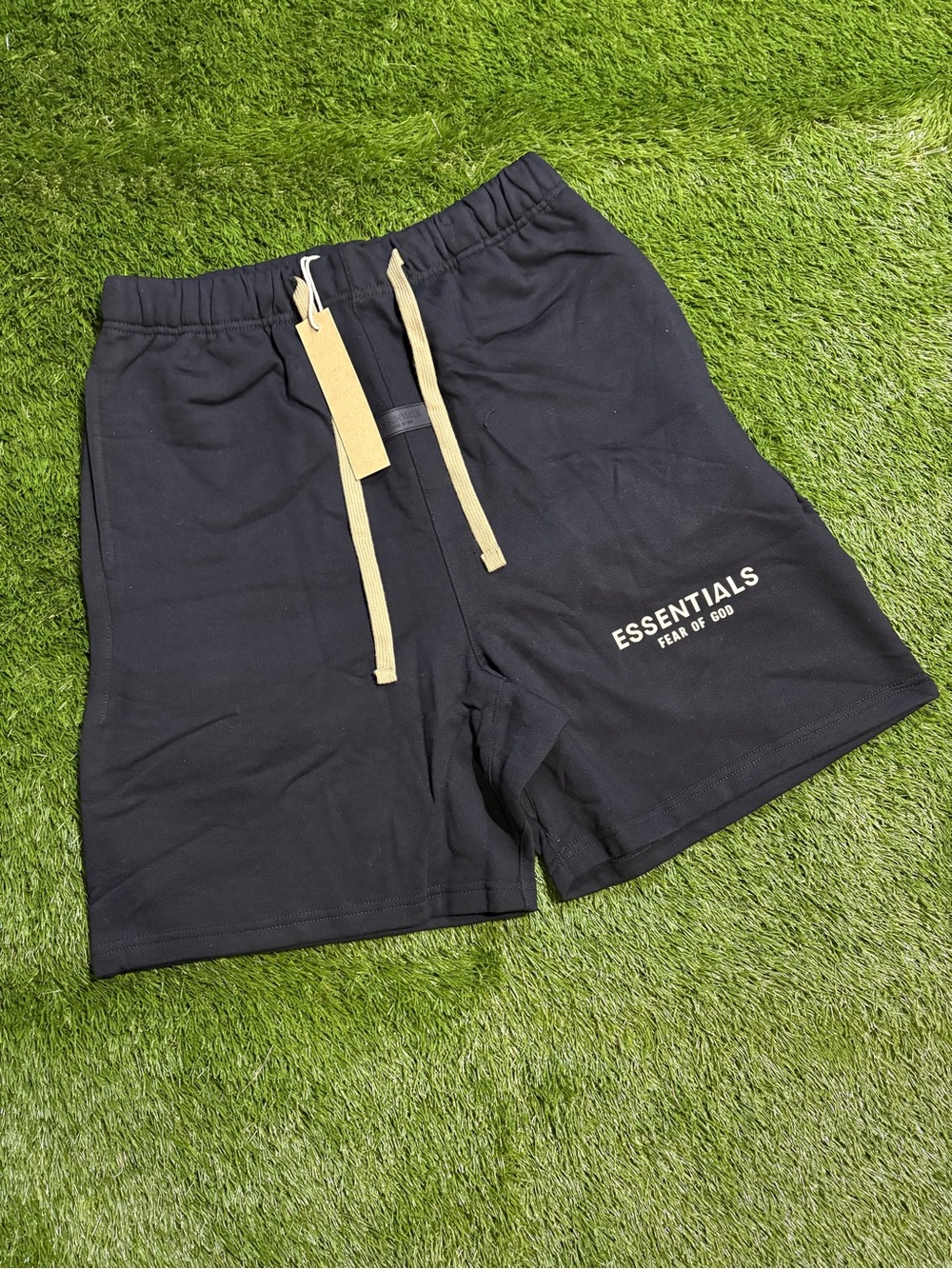 Essentials Men's Black Athletic Shorts with Tan Drawstrings